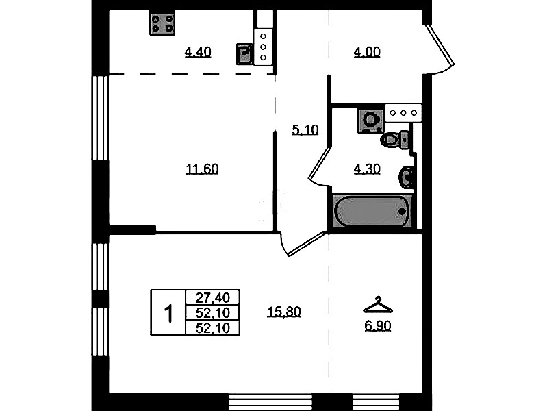 1-комнатная квартира 52.1 м², 1/8 эт., ЖК «Курортный квартал»